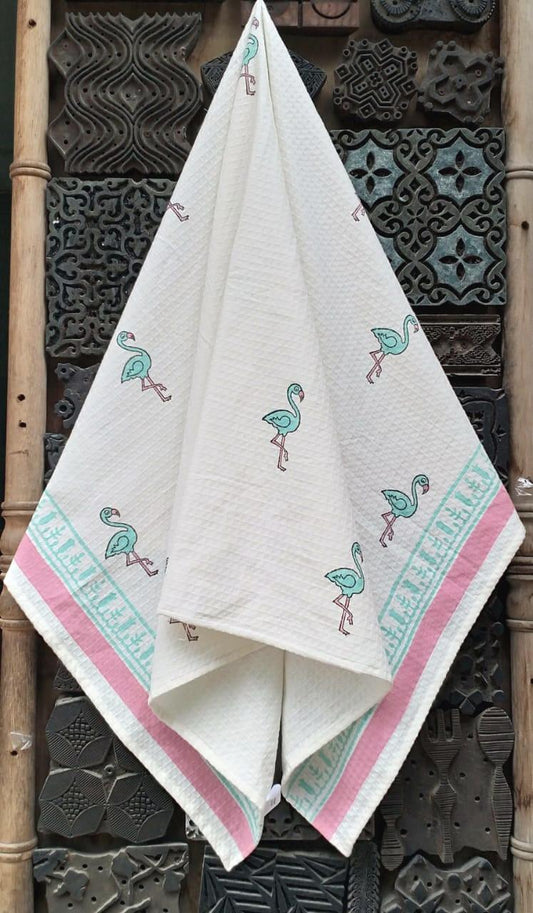 Kids Multicolored Printed Bath Towel (white & green with crane design)